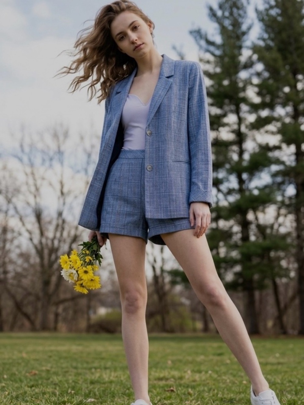 Paper Crane Navy and White Checkered Women's Blazer and Shorts Set